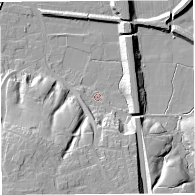Shaded relief map of the ground around PR19TD, computed from Environment Agency LiDAR. The ground here sits at about 10 m above sea level and falls 27 m across the surrounding 800 m. Surface water reaching this point runs off ground lying to the south, 11.3 m higher.