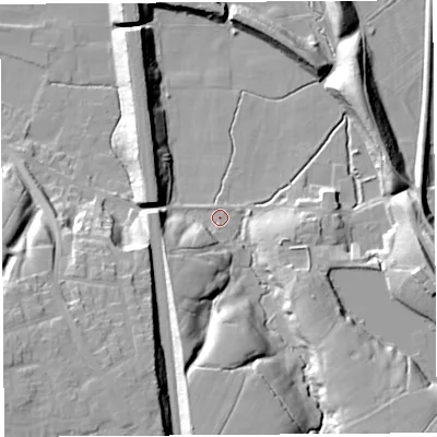 Shaded relief map of the ground around PR19TE, computed from Environment Agency LiDAR. The ground here sits at about 10 m above sea level and falls 25 m across the surrounding 800 m. Surface water reaching this point runs off ground lying to the south, 20.2 m higher.