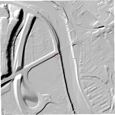 Shaded relief map of the ground around PR19UD, computed from Environment Agency LiDAR. The ground here sits at about 6 m above sea level and falls 28 m across the surrounding 800 m. Surface water reaching this point runs off ground lying to the west-south-west, 10.2 m higher.