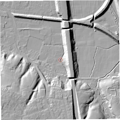 Shaded relief map of the ground around PR19UT, computed from Environment Agency LiDAR. The ground here sits at about 8 m above sea level and falls 27 m across the surrounding 800 m. Surface water reaching this point runs off ground lying to the south-west, 24.8 m higher.