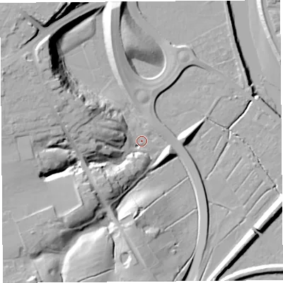 Shaded relief map of the ground around PR19XQ, computed from Environment Agency LiDAR. The ground here sits at about 8 m above sea level and falls 27 m across the surrounding 800 m. Surface water reaching this point runs off ground lying to the north-west, 20.1 m higher.