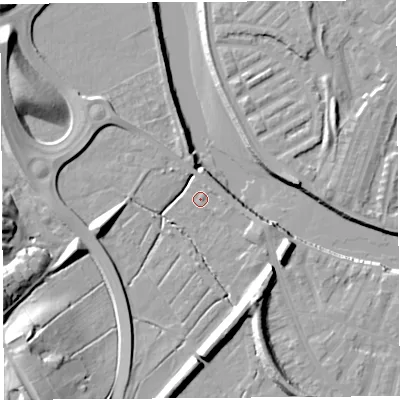 Shaded relief map of the ground around PR19XR, computed from Environment Agency LiDAR. The ground here sits at about 6 m above sea level and falls 19 m across the surrounding 800 m. Surface water reaching this point runs off ground lying to the south-south-east, 10.2 m higher.