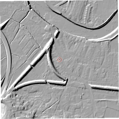 Shaded relief map of the ground around PR19XS, computed from Environment Agency LiDAR. The ground here sits at about 7 m above sea level and falls 21 m across the surrounding 800 m. Surface water reaching this point runs off ground lying to the south-south-west, 8.3 m higher.