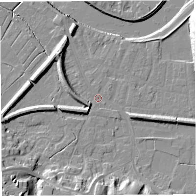 Shaded relief map of the ground around PR19XT, computed from Environment Agency LiDAR. The ground here sits at about 7 m above sea level and falls 24 m across the surrounding 800 m. Surface water reaching this point runs off ground lying to the south-south-west, 14.0 m higher.