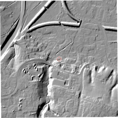 Shaded relief map of the ground around PR19XU, computed from Environment Agency LiDAR. The ground here sits at about 12 m above sea level and falls 26 m across the surrounding 800 m. Surface water reaching this point runs off ground lying to the south-south-east, 20.3 m higher.