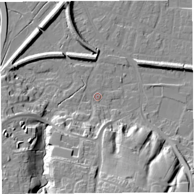 Shaded relief map of the ground around PR19XW, computed from Environment Agency LiDAR. The ground here sits at about 8 m above sea level and falls 26 m across the surrounding 800 m. Surface water reaching this point runs off ground lying to the south-south-west, 20.5 m higher.
