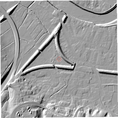 Shaded relief map of the ground around PR19XY, computed from Environment Agency LiDAR. The ground here sits at about 7 m above sea level and falls 25 m across the surrounding 800 m. Surface water reaching this point runs off ground lying to the south-west, 16.4 m higher.