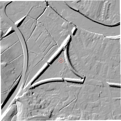 Shaded relief map of the ground around PR19YA, computed from Environment Agency LiDAR. The ground here sits at about 7 m above sea level and falls 24 m across the surrounding 800 m. Surface water reaching this point runs off ground lying to the south-south-west, 16.7 m higher.