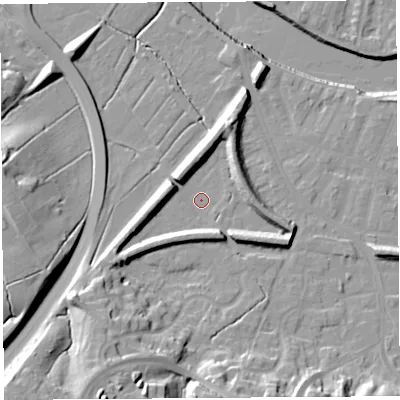 Shaded relief map of the ground around PR19YB, computed from Environment Agency LiDAR. The ground here sits at about 6 m above sea level and falls 25 m across the surrounding 800 m. Surface water reaching this point runs off ground lying to the south-south-west, 16.7 m higher.