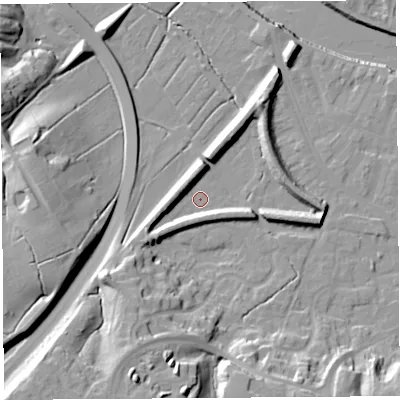 Shaded relief map of the ground around PR19YD, computed from Environment Agency LiDAR. The ground here sits at about 7 m above sea level and falls 26 m across the surrounding 800 m. Surface water reaching this point runs off ground lying to the south-west, 7.1 m higher.