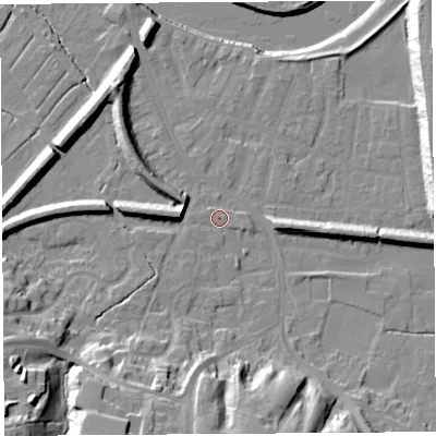 Shaded relief map of the ground around PR19YG, computed from Environment Agency LiDAR. The ground here sits at about 8 m above sea level and falls 24 m across the surrounding 800 m. Surface water reaching this point runs off ground lying to the west-south-west, 0.9 m higher.