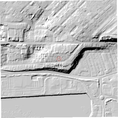 Shaded relief map of the ground around PR21AD, computed from Environment Agency LiDAR. The ground here sits at about 19 m above sea level and falls 23 m across the surrounding 800 m. Surface water reaching this point runs off ground lying to the north-east, 5.0 m higher.