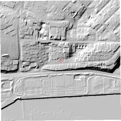 Shaded relief map of the ground around PR21AE, computed from Environment Agency LiDAR. The ground here sits at about 11 m above sea level and falls 21 m across the surrounding 800 m. Surface water reaching this point runs off ground lying to the north-east, 14.5 m higher.