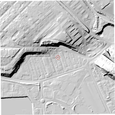 Shaded relief map of the ground around PR21AS, computed from Environment Agency LiDAR. The ground here sits at about 7 m above sea level and falls 24 m across the surrounding 800 m. Surface water reaching this point runs off ground lying to the north-north-west, 18.5 m higher.