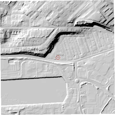 Shaded relief map of the ground around PR21AT, computed from Environment Agency LiDAR. The ground here sits at about 7 m above sea level and falls 23 m across the surrounding 800 m. Surface water reaching this point runs off ground lying to the north-east, 20.6 m higher.