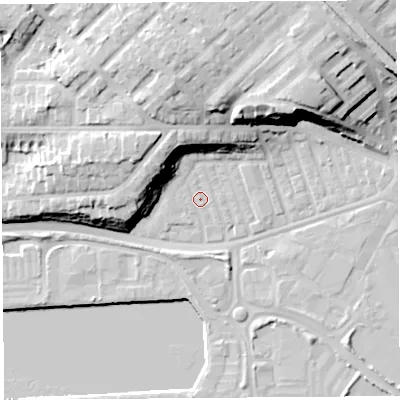 Shaded relief map of the ground around PR21AY, computed from Environment Agency LiDAR. The ground here sits at about 7 m above sea level and falls 23 m across the surrounding 800 m. Surface water reaching this point runs off ground lying to the north-north-east, 20.9 m higher.