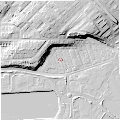 Shaded relief map of the ground around PR21BA, computed from Environment Agency LiDAR. The ground here sits at about 7 m above sea level and falls 23 m across the surrounding 800 m. Surface water reaching this point runs off ground lying to the north-north-east, 21.0 m higher.