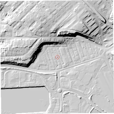 Shaded relief map of the ground around PR21BB, computed from Environment Agency LiDAR. The ground here sits at about 7 m above sea level and falls 23 m across the surrounding 800 m. Surface water reaching this point runs off ground lying to the north-north-west, 11.9 m higher.