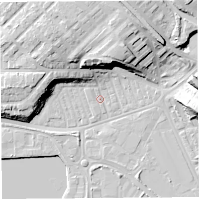 Shaded relief map of the ground around PR21BE, computed from Environment Agency LiDAR. The ground here sits at about 8 m above sea level and falls 23 m across the surrounding 800 m. Surface water reaching this point runs off ground lying to the north-north-east, 20.2 m higher.