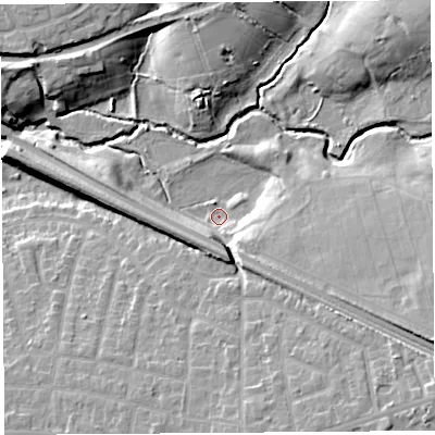 Shaded relief map of the ground around PR21JS, computed from Environment Agency LiDAR. The ground here sits at about 14 m above sea level and falls 15 m across the surrounding 800 m. Surface water reaching this point runs off ground lying to the south-east, 12.2 m higher.