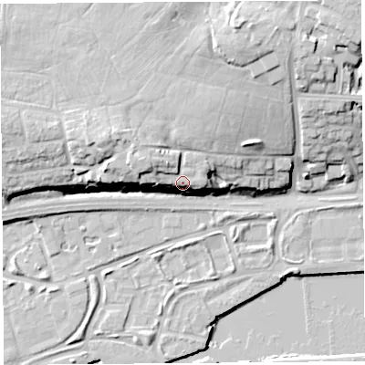 Shaded relief map of the ground around PR21NR, computed from Environment Agency LiDAR. The ground here sits at about 18 m above sea level and falls 21 m across the surrounding 800 m. Surface water reaching this point runs off ground lying to the north-west, 9.2 m higher.