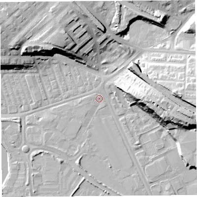 Shaded relief map of the ground around PR21QJ, computed from Environment Agency LiDAR. The ground here sits at about 8 m above sea level and falls 25 m across the surrounding 800 m. Surface water reaching this point runs off ground lying to the north, 0.7 m higher.