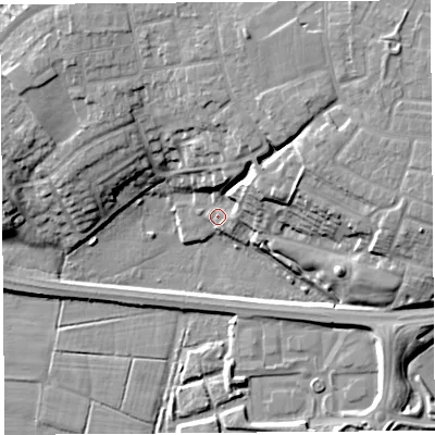 Shaded relief map of the ground around PR21QZ, computed from Environment Agency LiDAR. The ground here sits at about 8 m above sea level and falls 16 m across the surrounding 800 m. Surface water reaching this point runs off ground lying to the east, 16.1 m higher.