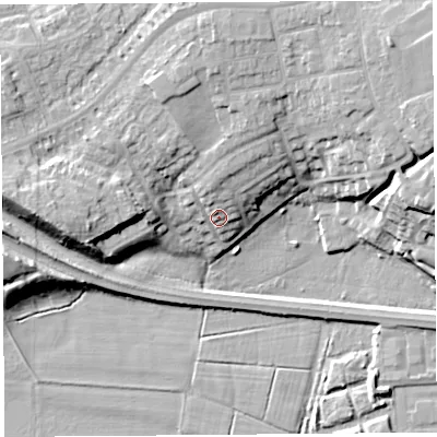 Shaded relief map of the ground around PR21RT, computed from Environment Agency LiDAR. The ground here sits at about 12 m above sea level and falls 16 m across the surrounding 800 m. Surface water reaching this point runs off ground lying to the north-north-west, 5.0 m higher.
