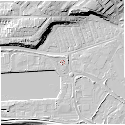 Shaded relief map of the ground around PR22DF, computed from Environment Agency LiDAR. The ground here sits at about 8 m above sea level and falls 24 m across the surrounding 800 m. Surface water reaching this point runs off ground lying to the east-north-east, 1.8 m higher.