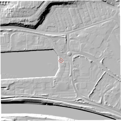 Shaded relief map of the ground around PR22DW, computed from Environment Agency LiDAR. The ground here sits at about 7 m above sea level and falls 23 m across the surrounding 800 m. Surface water reaching this point runs off ground lying to the south-east, 3.0 m higher.