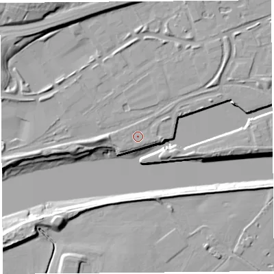 Shaded relief map of the ground around PR22EF, computed from Environment Agency LiDAR. The ground here sits at about 8 m above sea level and falls 17 m across the surrounding 800 m. Surface water reaching this point runs off ground lying to the west, 2.3 m higher.