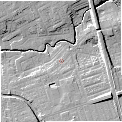 Shaded relief map of the ground around PR22EP, computed from Environment Agency LiDAR. The ground here sits at about 21 m above sea level and falls 20 m across the surrounding 800 m. Surface water reaching this point runs off ground lying to the south-south-east, 5.5 m higher.
