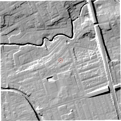 Shaded relief map of the ground around PR22EQ, computed from Environment Agency LiDAR. The ground here sits at about 21 m above sea level and falls 20 m across the surrounding 800 m. Surface water reaching this point runs off ground lying to the south-south-east, 5.2 m higher.