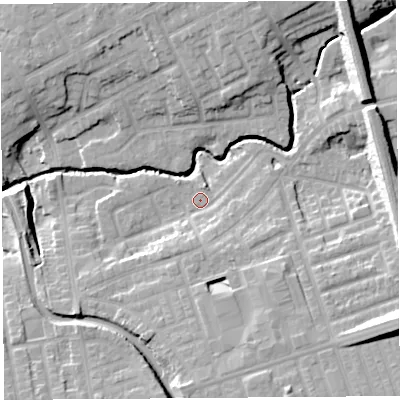 Shaded relief map of the ground around PR22EU, computed from Environment Agency LiDAR. The ground here sits at about 18 m above sea level and falls 19 m across the surrounding 800 m. Surface water reaching this point runs off ground lying to the south-south-east, 4.0 m higher.