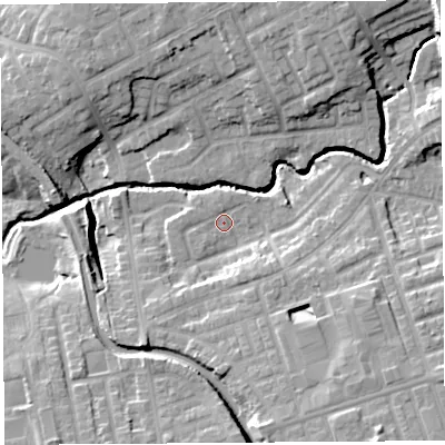 Shaded relief map of the ground around PR22EX, computed from Environment Agency LiDAR. The ground here sits at about 18 m above sea level and falls 15 m across the surrounding 800 m. Surface water reaching this point runs off ground lying to the south-east, 10.7 m higher.