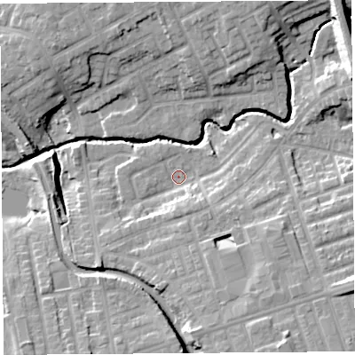Shaded relief map of the ground around PR22EY, computed from Environment Agency LiDAR. The ground here sits at about 18 m above sea level and falls 15 m across the surrounding 800 m. Surface water reaching this point runs off ground lying to the east-south-east, 11.7 m higher.