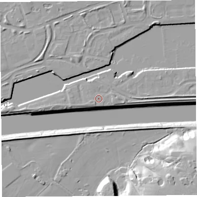 Shaded relief map of the ground around PR22FS, computed from Environment Agency LiDAR. The ground here sits at about 8 m above sea level and falls 23 m across the surrounding 800 m. Surface water reaching this point runs off ground lying to the south-west, 1.7 m higher.
