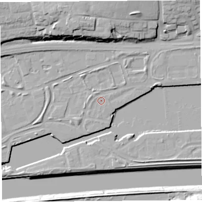 Shaded relief map of the ground around PR22FT, computed from Environment Agency LiDAR. The ground here sits at about 7 m above sea level and falls 21 m across the surrounding 800 m. Surface water reaching this point runs off ground lying to the west-north-west, 1.6 m higher.