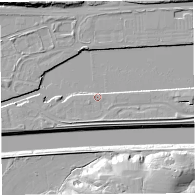 Shaded relief map of the ground around PR22GA, computed from Environment Agency LiDAR. The ground here sits at about 7 m above sea level and falls 23 m across the surrounding 800 m. Surface water reaching this point runs off ground lying to the south, 2.5 m higher.