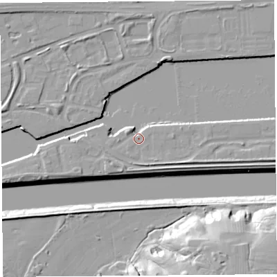 Shaded relief map of the ground around PR22GB, computed from Environment Agency LiDAR. The ground here sits at about 7 m above sea level and falls 23 m across the surrounding 800 m. Surface water reaching this point runs off ground lying to the south-east, 1.0 m higher.