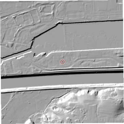 Shaded relief map of the ground around PR22GD, computed from Environment Agency LiDAR. The ground here sits at about 7 m above sea level and falls 23 m across the surrounding 800 m. Surface water reaching this point runs off ground lying to the south-east, 2.4 m higher.