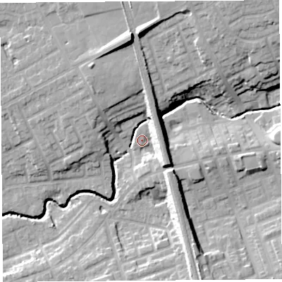 Shaded relief map of the ground around PR22HF, computed from Environment Agency LiDAR. The ground here sits at about 20 m above sea level and falls 20 m across the surrounding 800 m. Surface water reaching this point runs off ground lying to the north, 12.0 m higher.