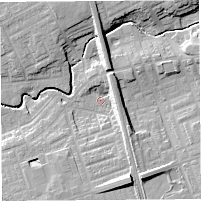 Shaded relief map of the ground around PR22HG, computed from Environment Agency LiDAR. The ground here sits at about 19 m above sea level and falls 19 m across the surrounding 800 m. Surface water reaching this point runs off ground lying to the north-east, 10.6 m higher.