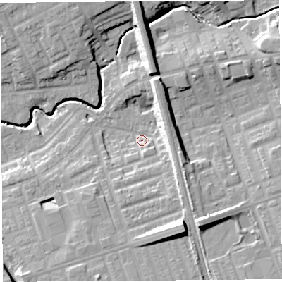 Shaded relief map of the ground around PR22HH, computed from Environment Agency LiDAR. The ground here sits at about 20 m above sea level and falls 19 m across the surrounding 800 m. Surface water reaching this point runs off ground lying to the east-south-east, 9.2 m higher.