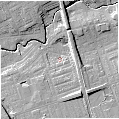 Shaded relief map of the ground around PR22HJ, computed from Environment Agency LiDAR. The ground here sits at about 20 m above sea level and falls 19 m across the surrounding 800 m. Surface water reaching this point runs off ground lying to the east-south-east, 9.0 m higher.