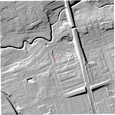 Shaded relief map of the ground around PR22HL, computed from Environment Agency LiDAR. The ground here sits at about 20 m above sea level and falls 19 m across the surrounding 800 m. Surface water reaching this point runs off ground lying to the south-east, 15.3 m higher.