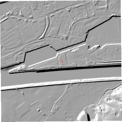 Shaded relief map of the ground around PR22HT, computed from Environment Agency LiDAR. The ground here sits at about 8 m above sea level and falls 21 m across the surrounding 800 m. Surface water reaching this point runs off ground lying to the south, 1.6 m higher.