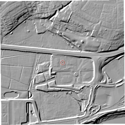 Shaded relief map of the ground around PR22JW, computed from Environment Agency LiDAR. The ground here sits at about 7 m above sea level and falls 21 m across the surrounding 800 m. Surface water reaching this point runs off ground lying to the east, 6.1 m higher.