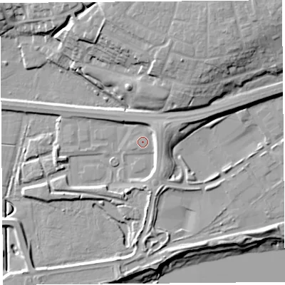 Shaded relief map of the ground around PR22JZ, computed from Environment Agency LiDAR. The ground here sits at about 7 m above sea level and falls 21 m across the surrounding 800 m. Surface water reaching this point runs off ground lying to the east-north-east, 4.6 m higher.