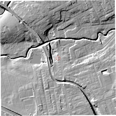 Shaded relief map of the ground around PR22LQ, computed from Environment Agency LiDAR. The ground here sits at about 19 m above sea level and falls 14 m across the surrounding 800 m. Surface water reaching this point runs off ground lying to the south-south-east, 5.1 m higher.